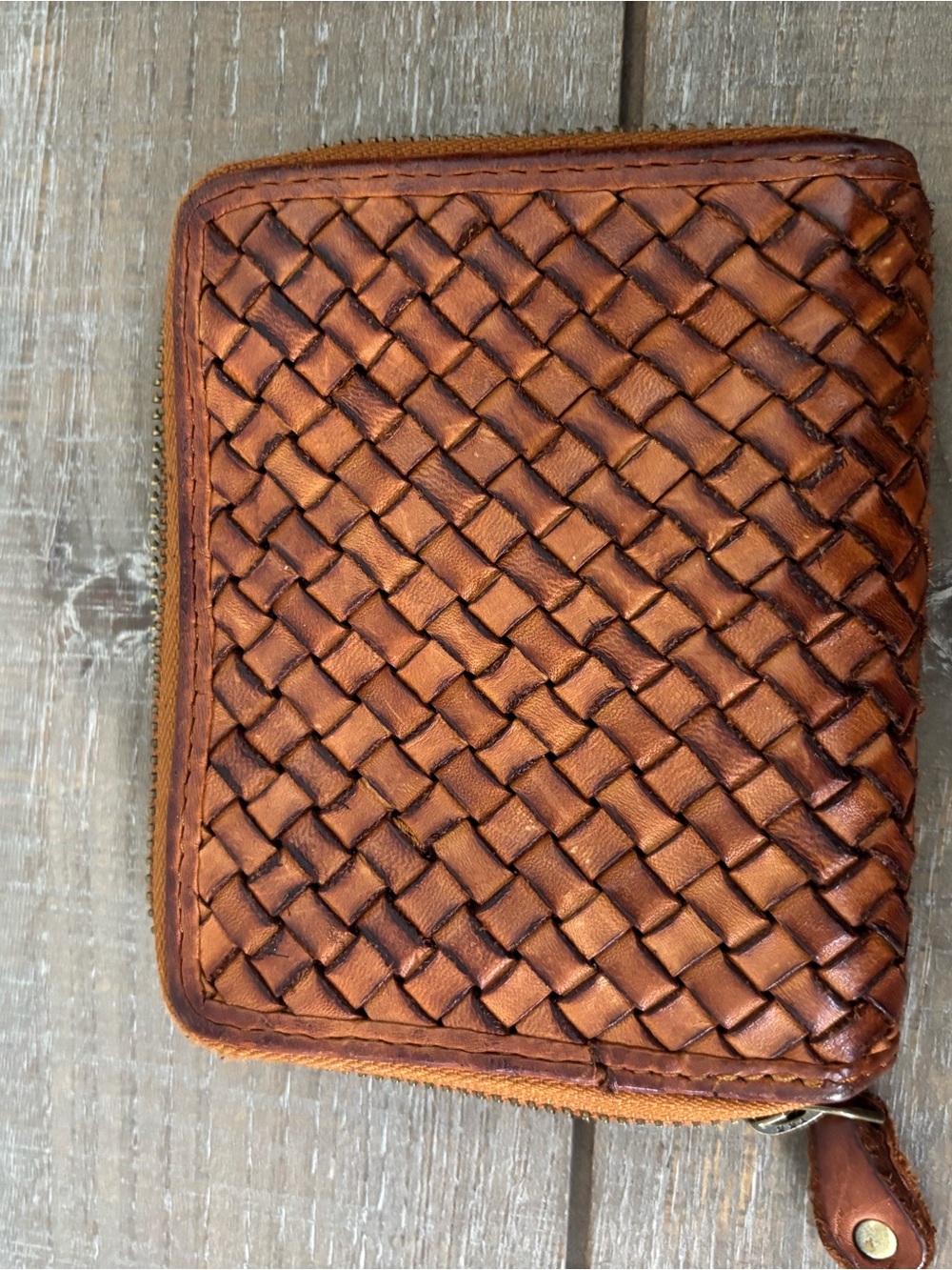 Woven Leather Zip Wallet - Brown